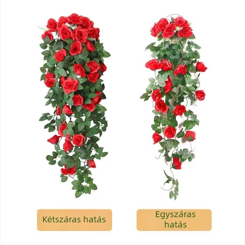 Művirág rózsa és pothos falidísz a nappaliba, művirág indákkal és lógó pókháló növény.
