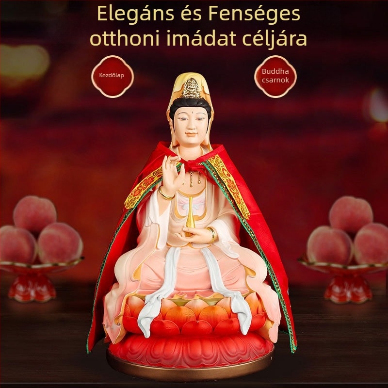 Avalokiteshvara Bodhisattva szobra köntös és palást; Ksitigarbha Bodhisattva szobra palásttal és sállal – buddhista öltözet