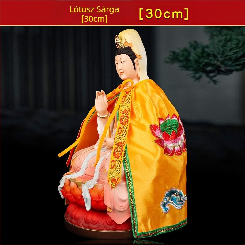 Avalokiteshvara Bodhisattva szobra köntös és palást; Ksitigarbha Bodhisattva szobra palásttal és sállal – buddhista öltözet