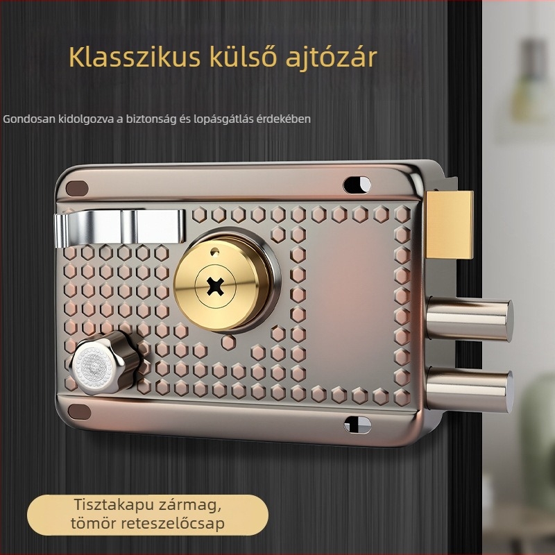 Beltéri és kültéri, régi stílusú ajtózár, vörös bronz színű vasból, fa- és fémajtókhoz, garázsajtókhoz, hárompontos keresztes zár.