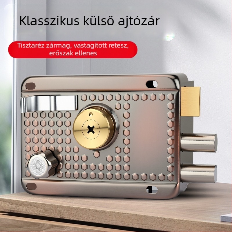 Beltéri és kültéri, régi stílusú ajtózár, vörös bronz színű vasból, fa- és fémajtókhoz, garázsajtókhoz, hárompontos keresztes zár.