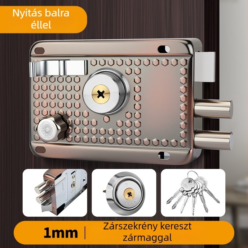Beltéri és kültéri, régi stílusú ajtózár, vörös bronz színű vasból, fa- és fémajtókhoz, garázsajtókhoz, hárompontos keresztes zár.