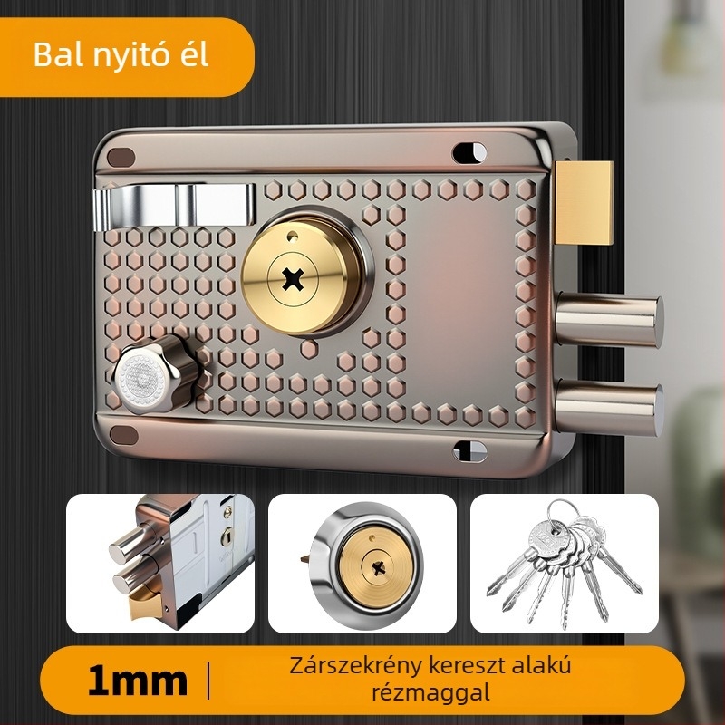 Beltéri és kültéri, régi stílusú ajtózár, vörös bronz színű vasból, fa- és fémajtókhoz, garázsajtókhoz, hárompontos keresztes zár.