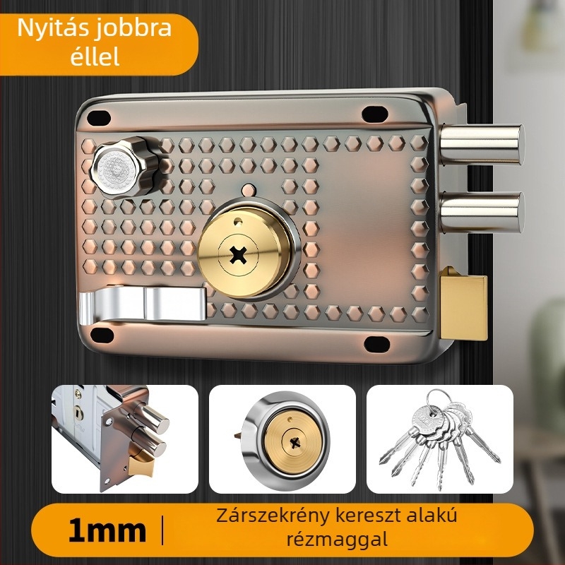 Beltéri és kültéri, régi stílusú ajtózár, vörös bronz színű vasból, fa- és fémajtókhoz, garázsajtókhoz, hárompontos keresztes zár.