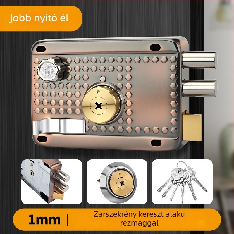 Beltéri és kültéri, régi stílusú ajtózár, vörös bronz színű vasból, fa- és fémajtókhoz, garázsajtókhoz, hárompontos keresztes zár.