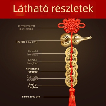Öt császár érme bronz ajtódísz Bagua és tök motívumokkal, kínai csomó és cinnabar medál