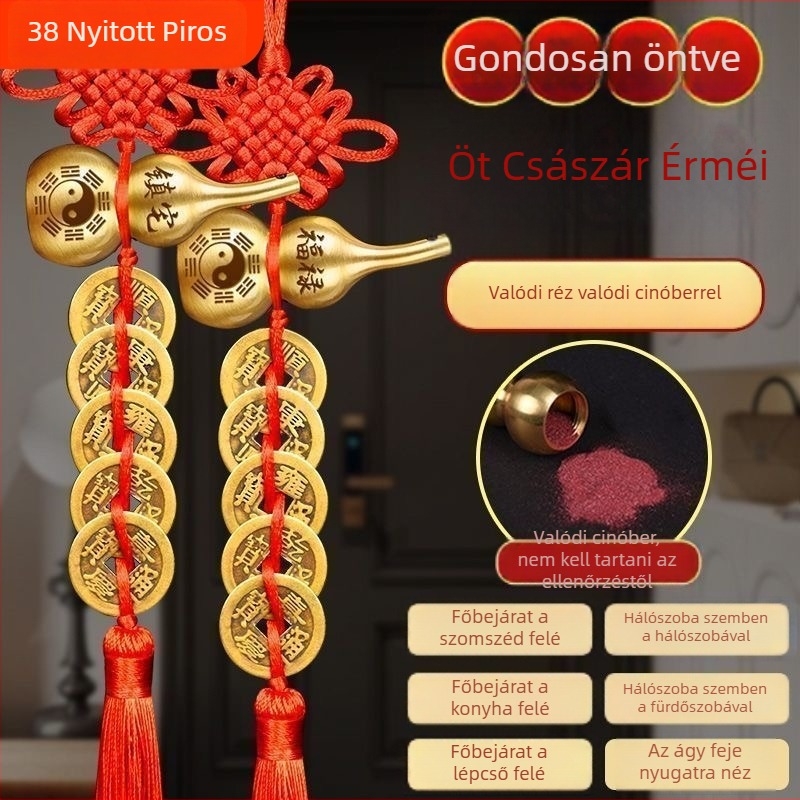 Öt császár érme bronz ajtódísz Bagua és tök motívumokkal, kínai csomó és cinnabar medál