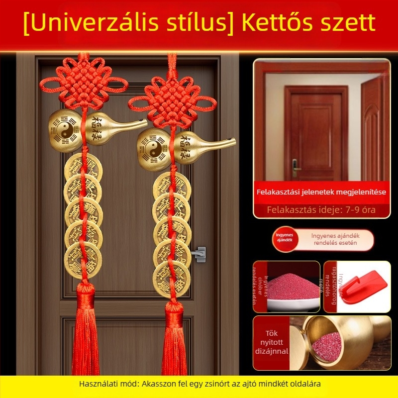 Öt császár érme bronz ajtódísz Bagua és tök motívumokkal, kínai csomó és cinnabar medál