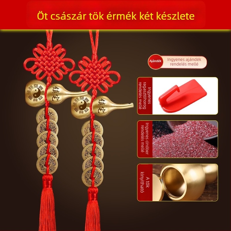 Öt császár érme bronz ajtódísz Bagua és tök motívumokkal, kínai csomó és cinnabar medál