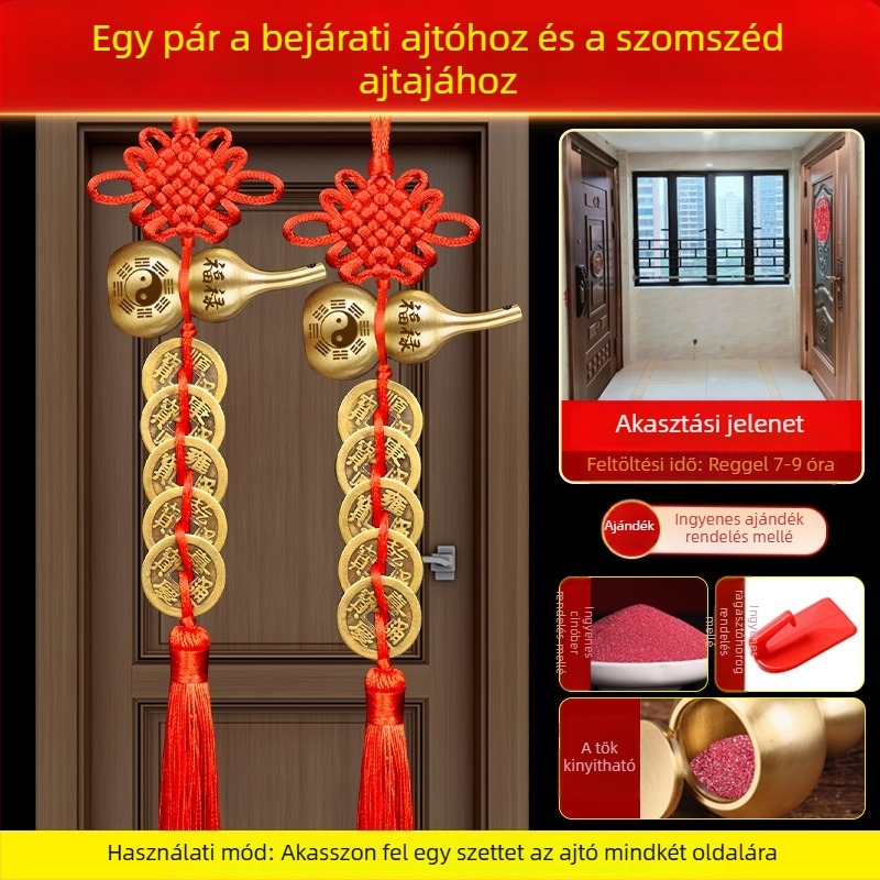 Öt császár érme bronz ajtódísz Bagua és tök motívumokkal, kínai csomó és cinnabar medál