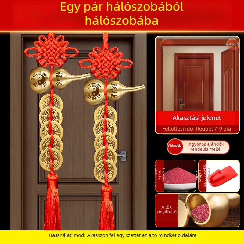 Öt császár érme bronz ajtódísz Bagua és tök motívumokkal, kínai csomó és cinnabar medál