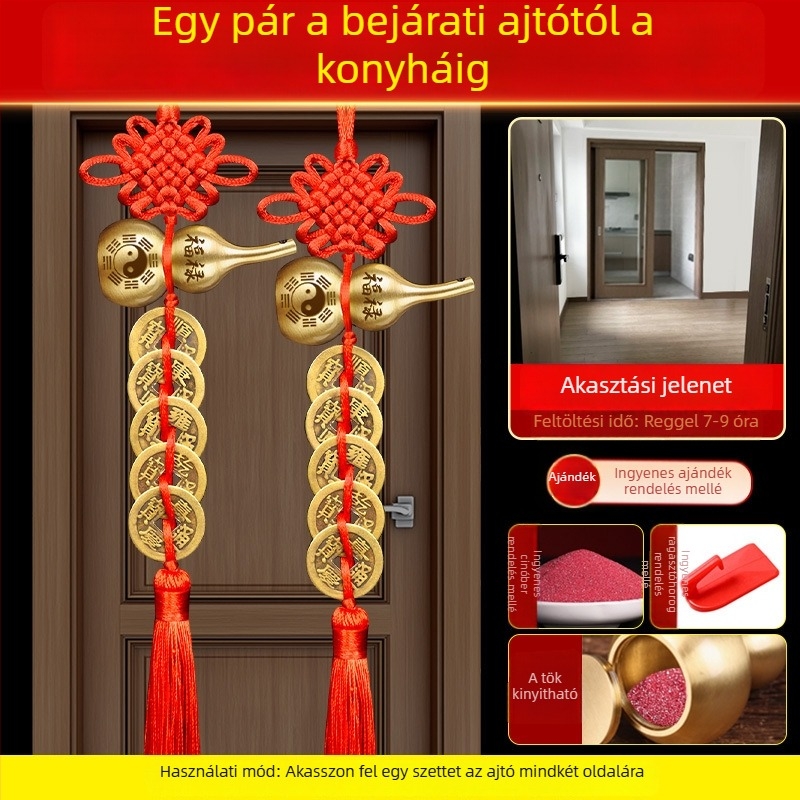 Öt császár érme bronz ajtódísz Bagua és tök motívumokkal, kínai csomó és cinnabar medál