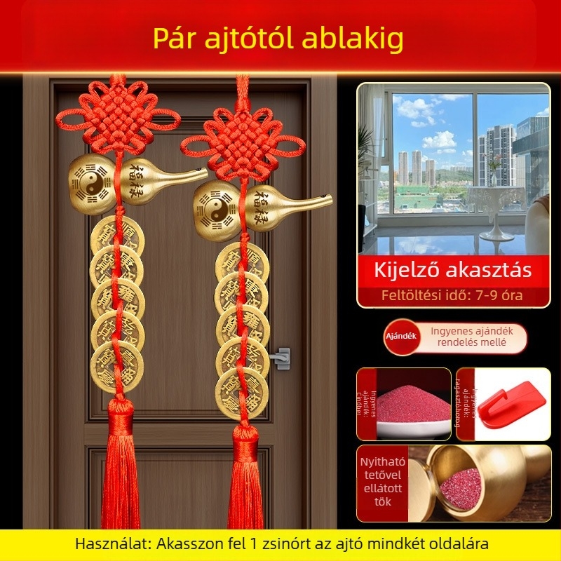 Öt császár érme bronz ajtódísz Bagua és tök motívumokkal, kínai csomó és cinnabar medál