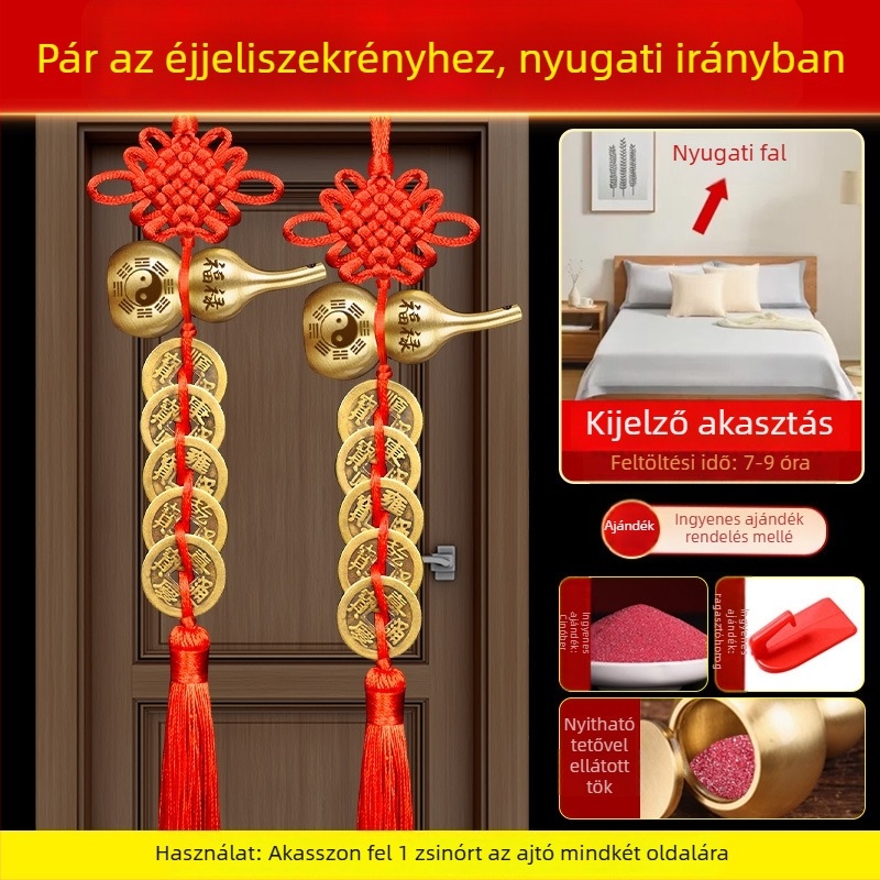 Öt császár érme bronz ajtódísz Bagua és tök motívumokkal, kínai csomó és cinnabar medál