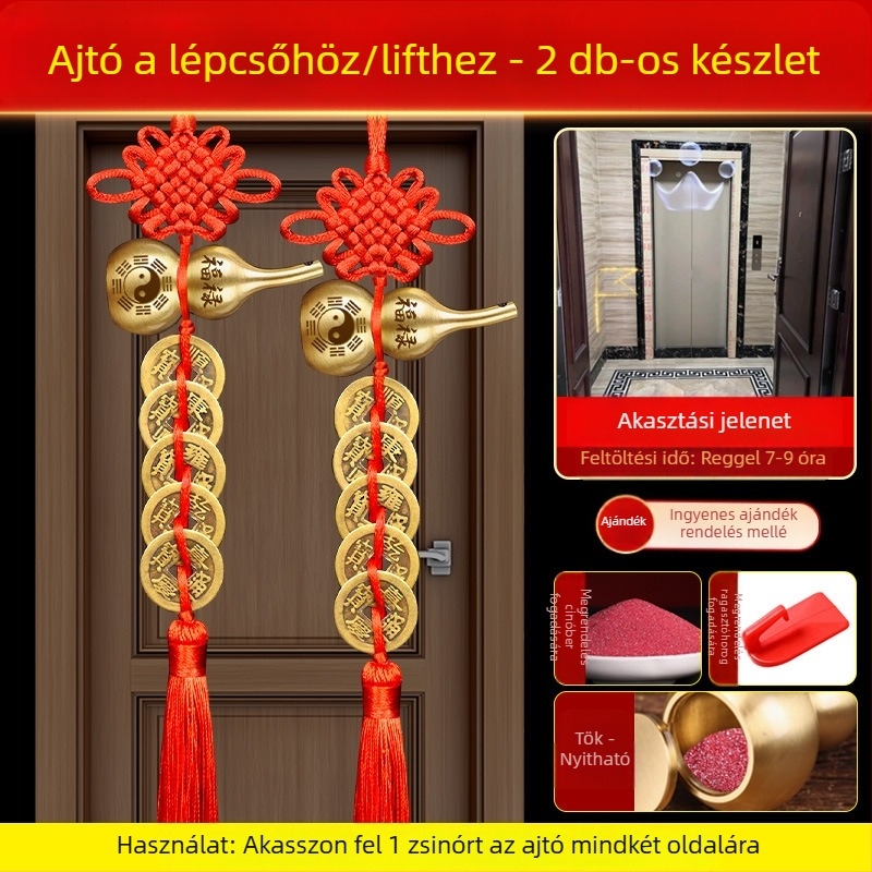 Öt császár érme bronz ajtódísz Bagua és tök motívumokkal, kínai csomó és cinnabar medál