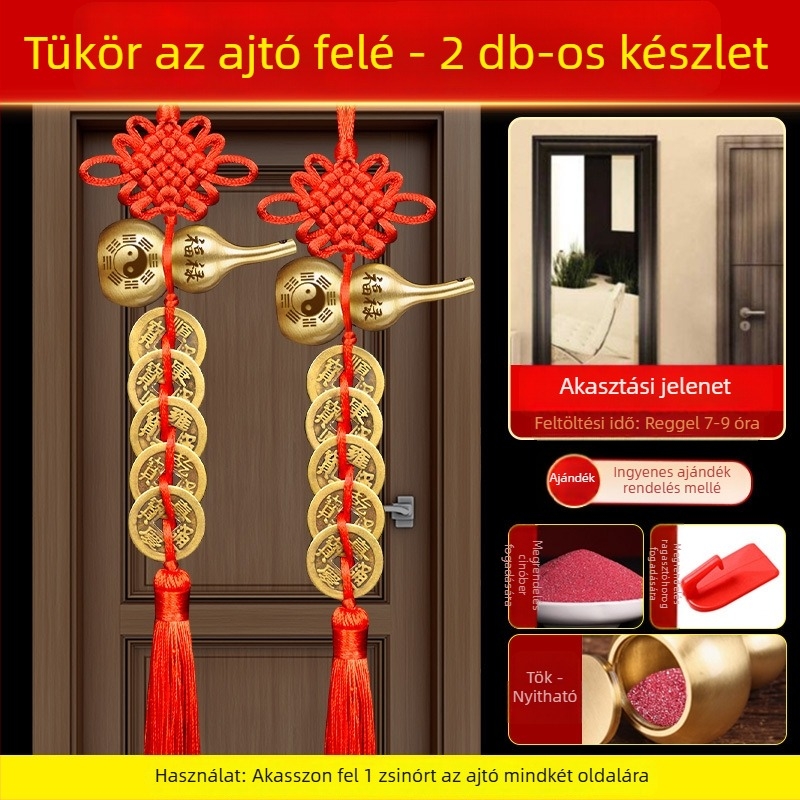 Öt császár érme bronz ajtódísz Bagua és tök motívumokkal, kínai csomó és cinnabar medál