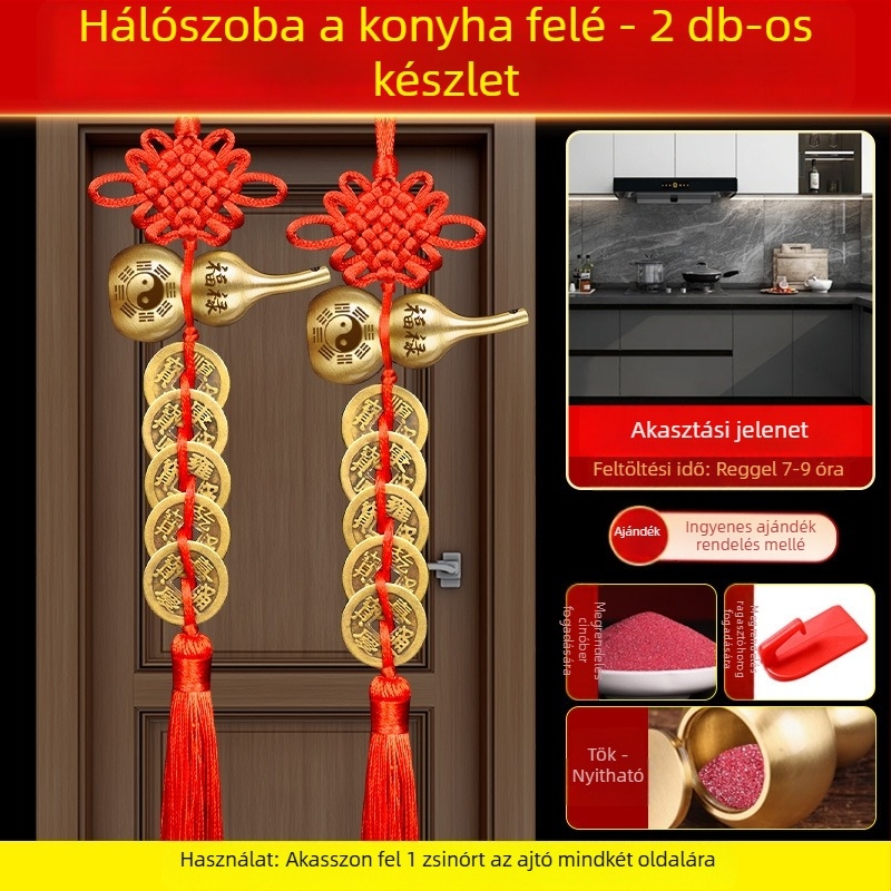 Öt császár érme bronz ajtódísz Bagua és tök motívumokkal, kínai csomó és cinnabar medál