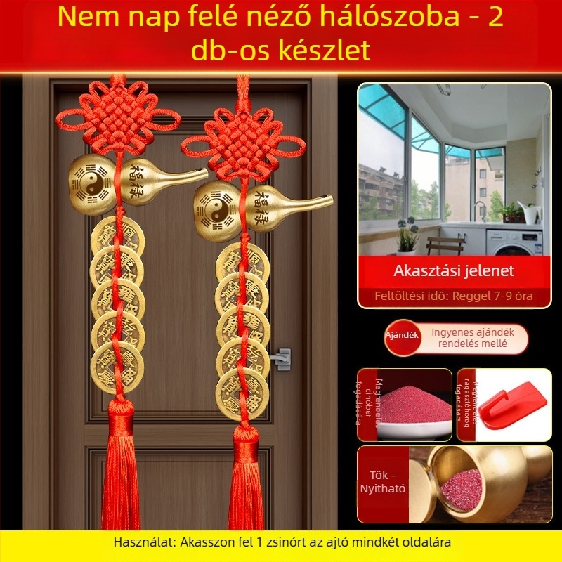 Öt császár érme bronz ajtódísz Bagua és tök motívumokkal, kínai csomó és cinnabar medál