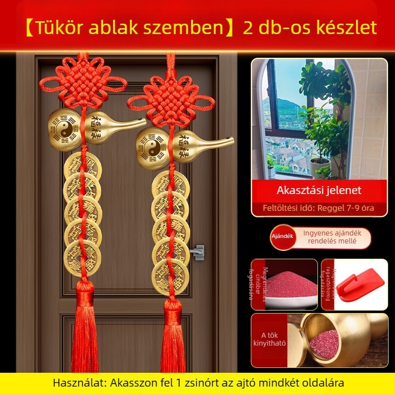 Öt császár érme bronz ajtódísz Bagua és tök motívumokkal, kínai csomó és cinnabar medál