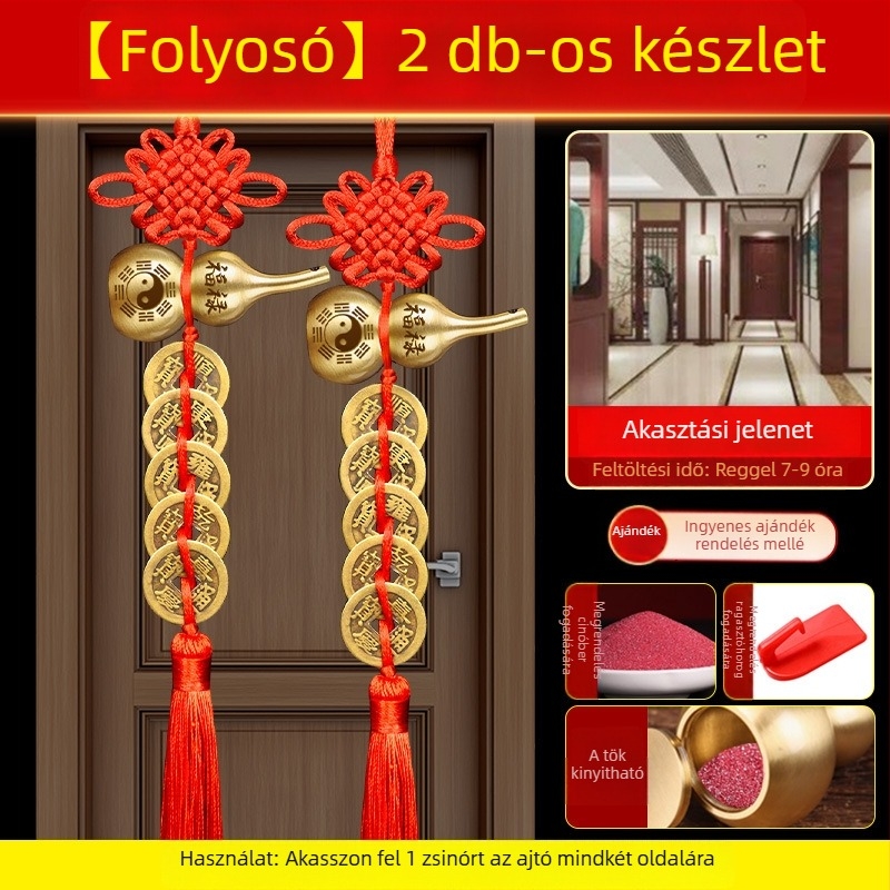 Öt császár érme bronz ajtódísz Bagua és tök motívumokkal, kínai csomó és cinnabar medál