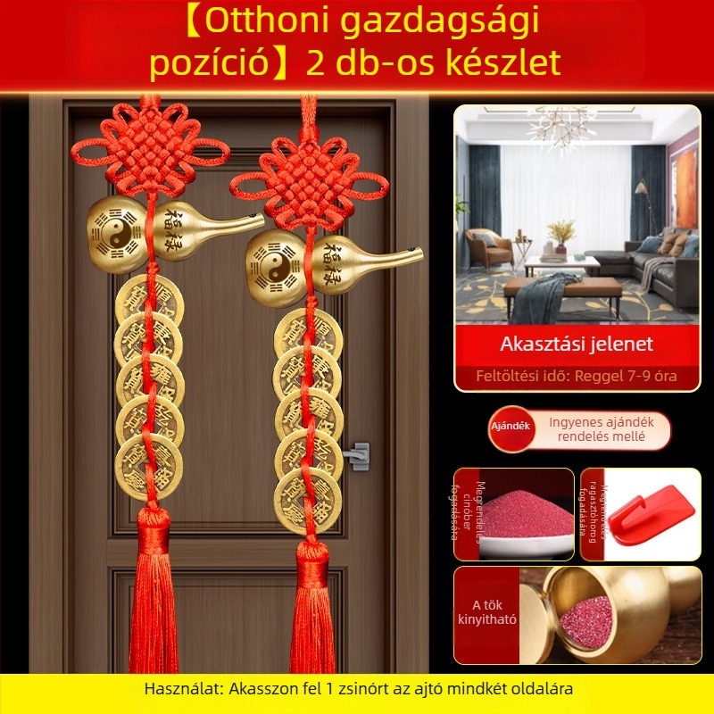 Öt császár érme bronz ajtódísz Bagua és tök motívumokkal, kínai csomó és cinnabar medál
