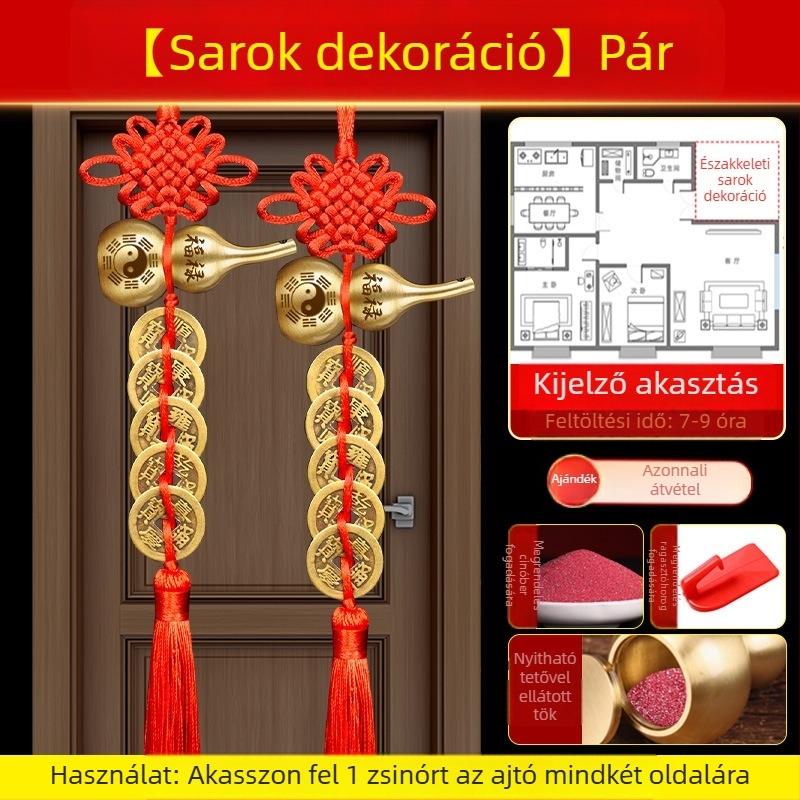 Öt császár érme bronz ajtódísz Bagua és tök motívumokkal, kínai csomó és cinnabar medál
