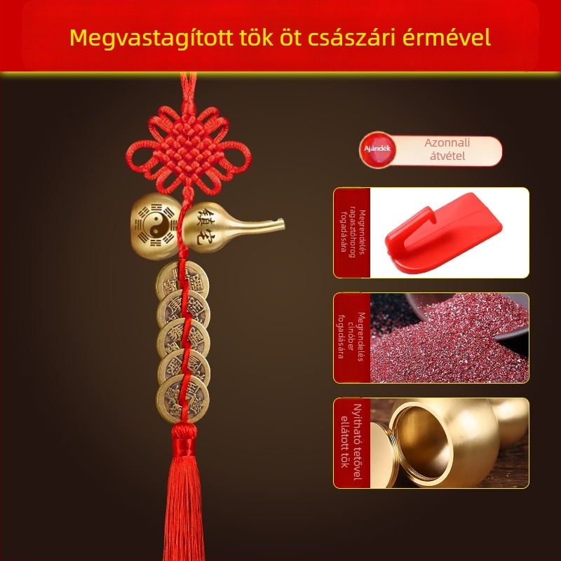 Öt császár érme bronz ajtódísz Bagua és tök motívumokkal, kínai csomó és cinnabar medál