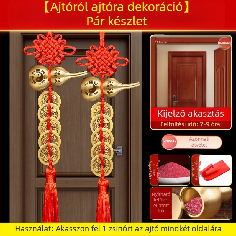 Öt császár érme bronz ajtódísz Bagua és tök motívumokkal, kínai csomó és cinnabar medál