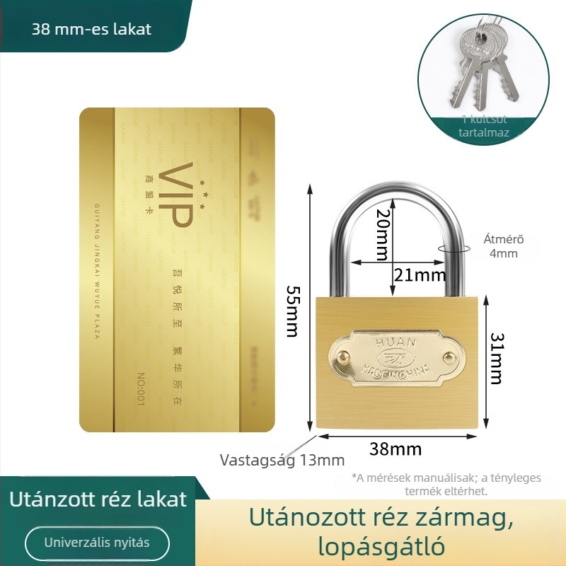 Réz lakat, univerzális ajtózár iroda és kollégiumi szekrényekhez, kis méretű kulcsos lakat
