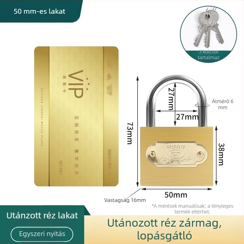 Réz lakat, univerzális ajtózár iroda és kollégiumi szekrényekhez, kis méretű kulcsos lakat