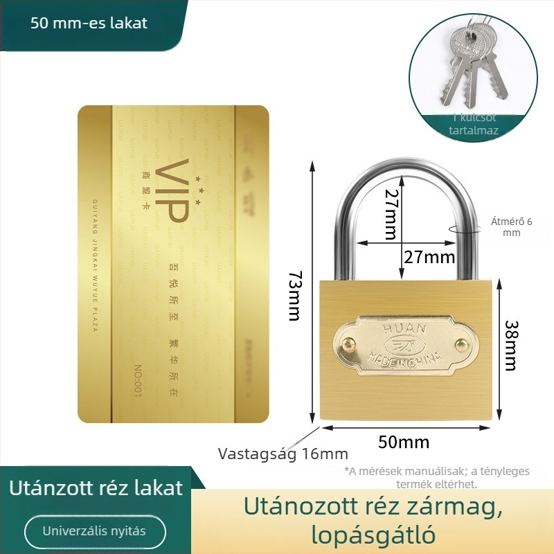 Réz lakat, univerzális ajtózár iroda és kollégiumi szekrényekhez, kis méretű kulcsos lakat