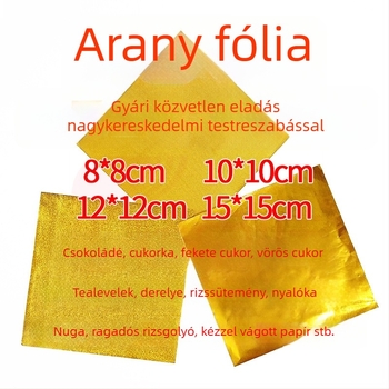 Arany alumínium fóliás csomagolópapír csokoládé- és szezámmagos golyókhoz, fényes felület, finom kockás mintázat és narancshéj-textúra