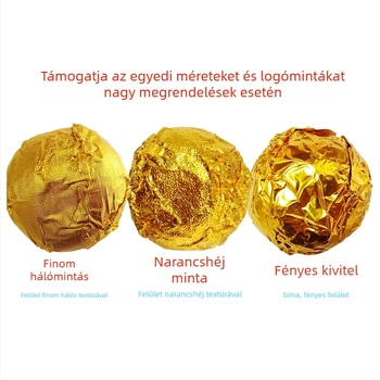 Arany alumínium fóliás csomagolópapír csokoládé- és szezámmagos golyókhoz, fényes felület, finom kockás mintázat és narancshéj-textúra