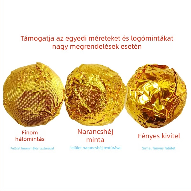 Arany alumínium fóliás csomagolópapír csokoládé- és szezámmagos golyókhoz, fényes felület, finom kockás mintázat és narancshéj-textúra