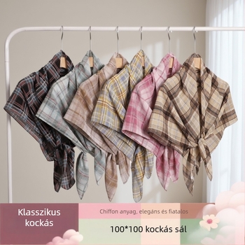 Vintage brit stílusú kockás chiffon négyszög kendő, 100×100 cm, női kiegészítő.