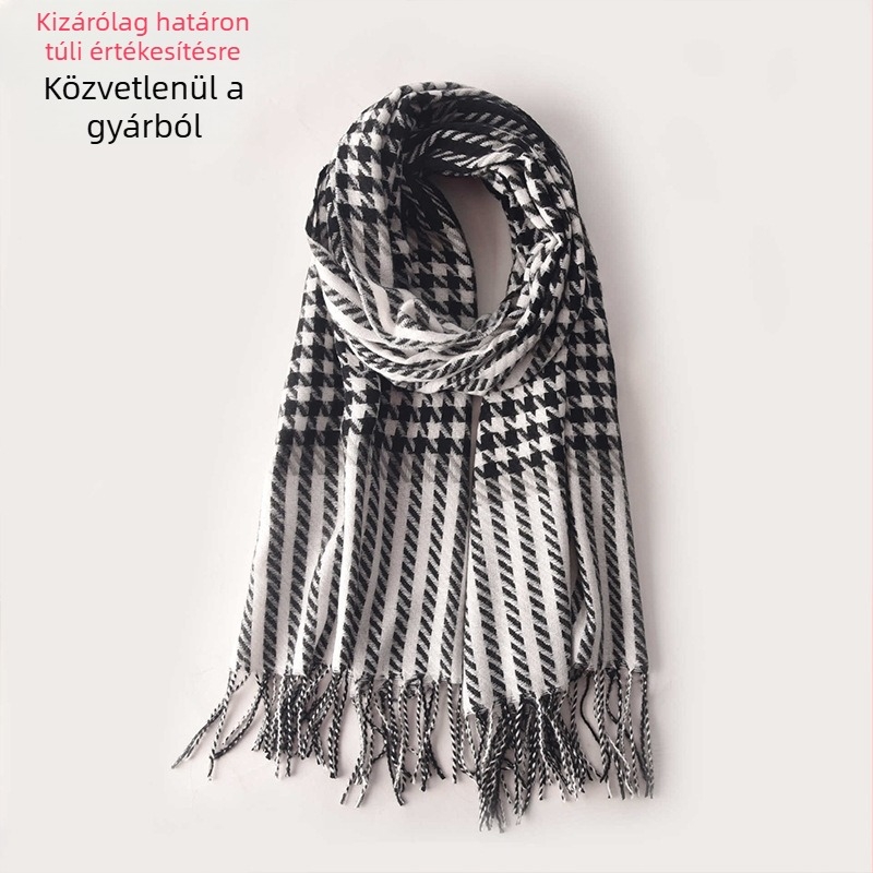 230 g új női sál houndstooth mintával, kockás mintázat, mű kasmír hatású, bojtokkal, téli meleg és sokoldalú stílus