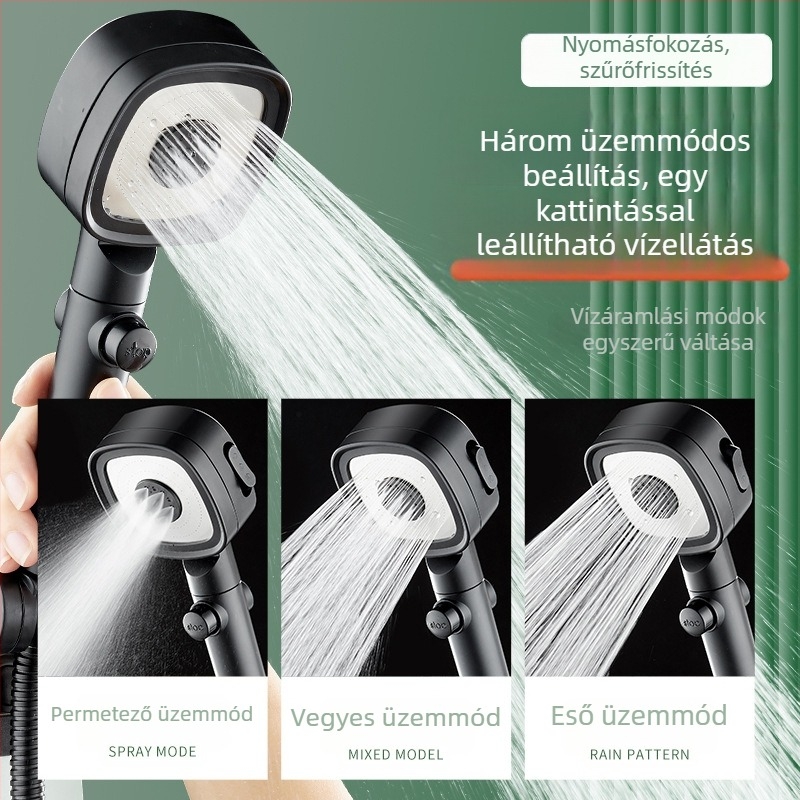 Nyomásnövelő zuhanyfej, ABS, esőzuhany funkció, önálló telepítés, bojler-kompatibilis, modern minimalist dizájn, négyzetes formájú