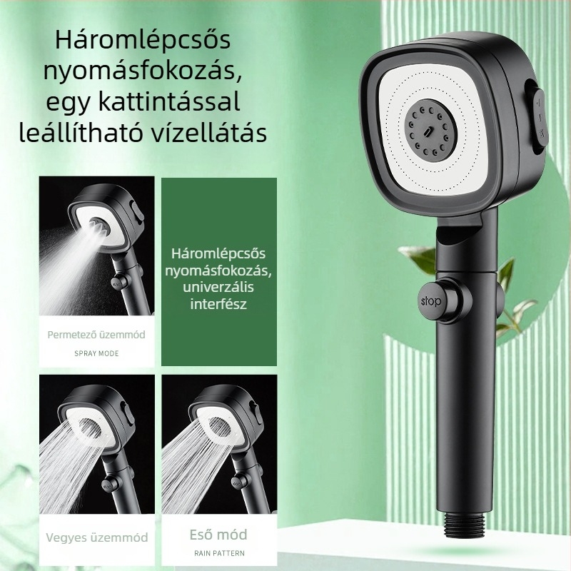 Nyomásnövelő zuhanyfej, ABS, esőzuhany funkció, önálló telepítés, bojler-kompatibilis, modern minimalist dizájn, négyzetes formájú