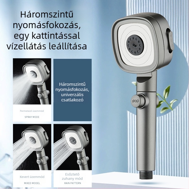 Nyomásnövelő zuhanyfej, ABS, esőzuhany funkció, önálló telepítés, bojler-kompatibilis, modern minimalist dizájn, négyzetes formájú