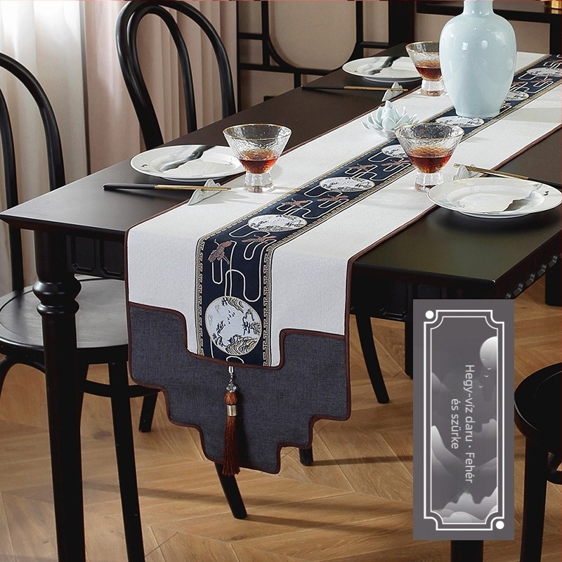 Vízálló asztalterítő kínai stílusban, Zen ihletésű tea ceremóniához, elegáns klasszikus dizájn, világosszürke.
