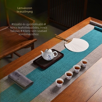 Vízálló len–pamut teásasztal futó kínai stílusban, zen hangulattal, teás tálca alátét és Kung Fu tea ceremónia kiegészítők