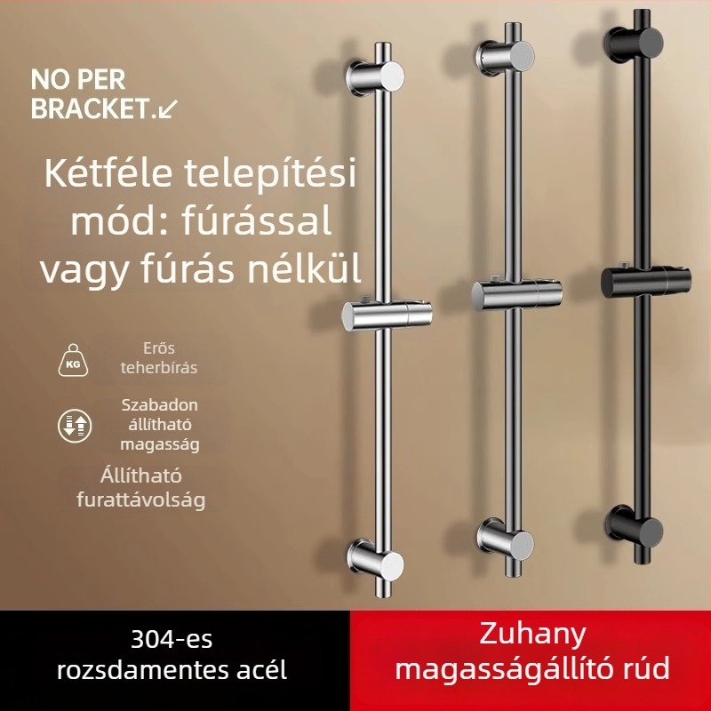 Rozsdamentes acélból készült állítható zuhanyfej-tartó készlet – fúrás nélkül, szög nélkül, kerek zuhanyfejhez