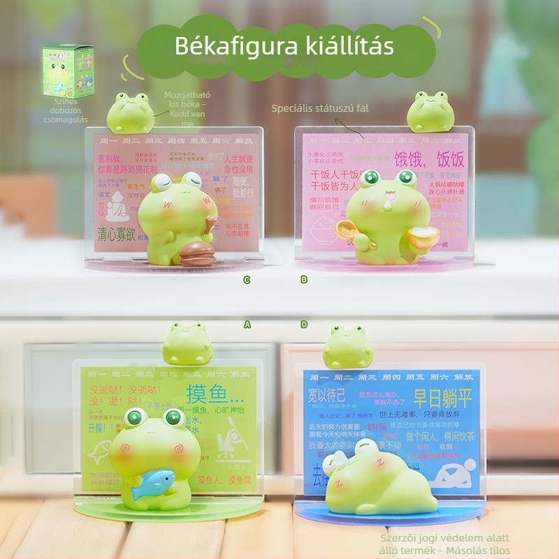 Aranyos, kreatív békafigur – íróasztali dekoráció, rajzfilmszerű béka dekor, ünnepi ajándék