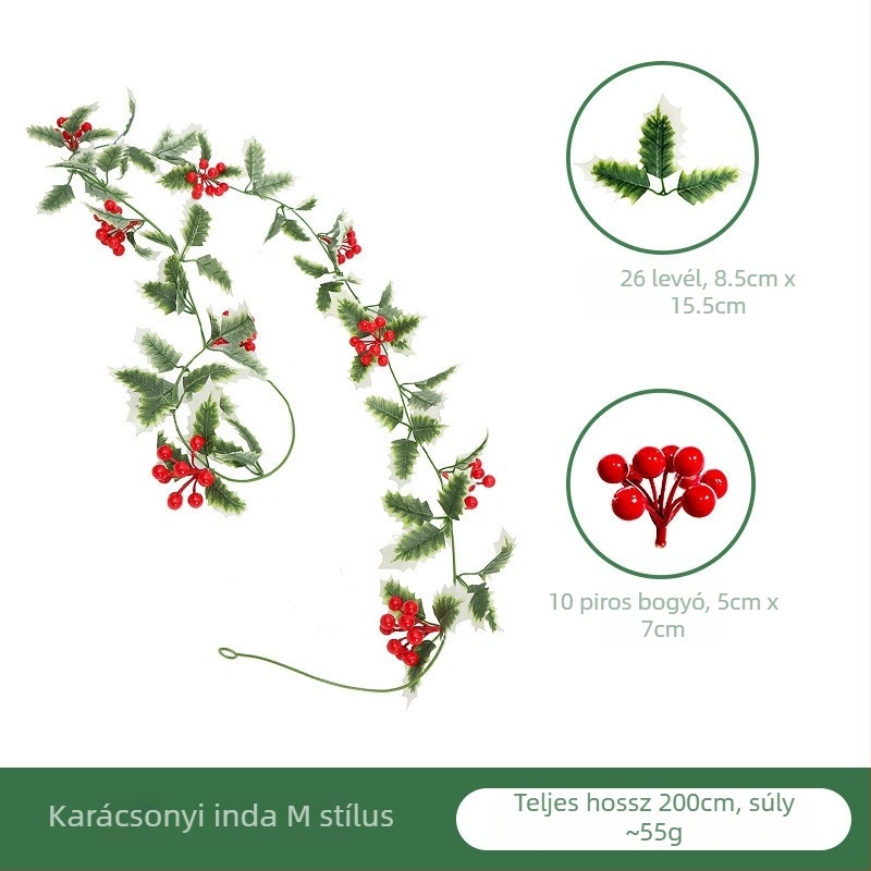 Mű karácsonyi piros bogyók ráattan girlandon, fenyőág-tüskékkel borítva, otthoni dekoráció