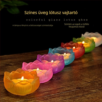 Színes üvegből készült lótuszos vajlámpa tartó – 7 darabos készlet buddhista oltárhoz