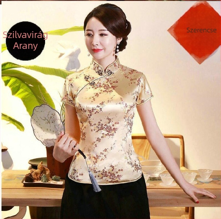 Jadeite Lady – Fejlesztett retro cheongsam felső kínai retro Tang-stílusú, hanfu, Zen tea munkaruházat