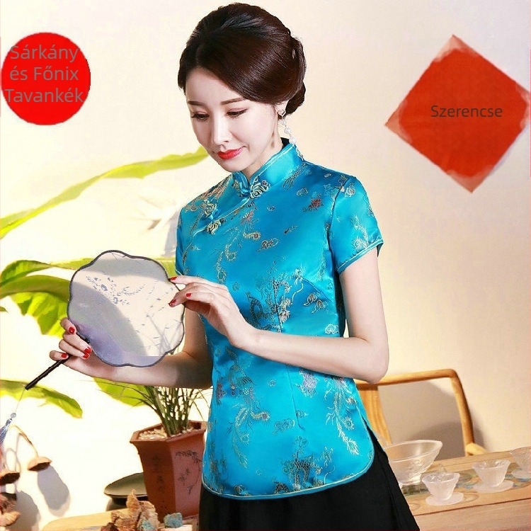 Jadeite Lady – Fejlesztett retro cheongsam felső kínai retro Tang-stílusú, hanfu, Zen tea munkaruházat