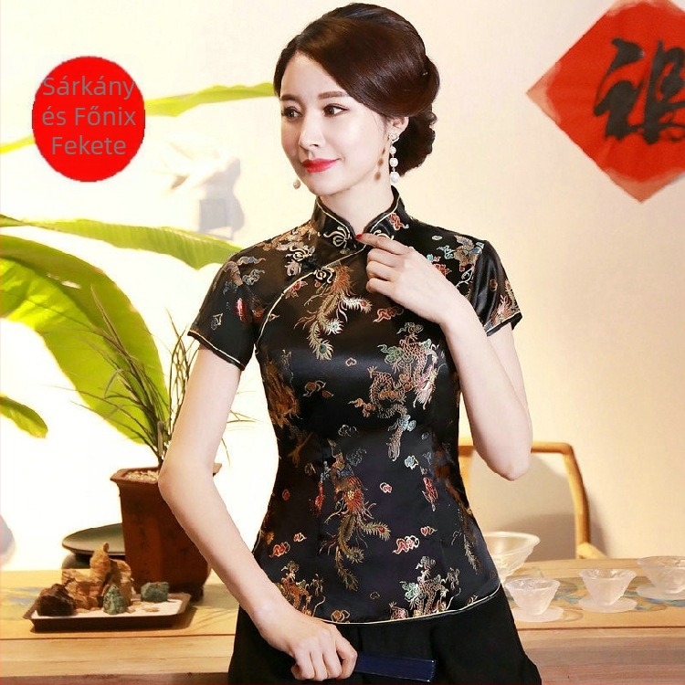 Jadeite Lady – Fejlesztett retro cheongsam felső kínai retro Tang-stílusú, hanfu, Zen tea munkaruházat