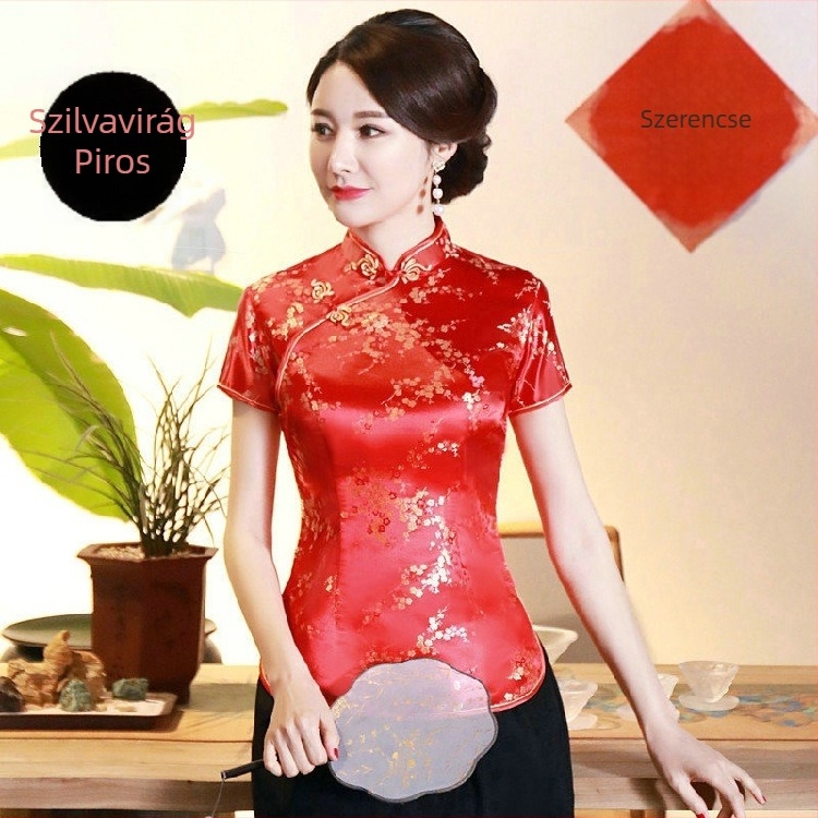 Jadeite Lady – Fejlesztett retro cheongsam felső kínai retro Tang-stílusú, hanfu, Zen tea munkaruházat