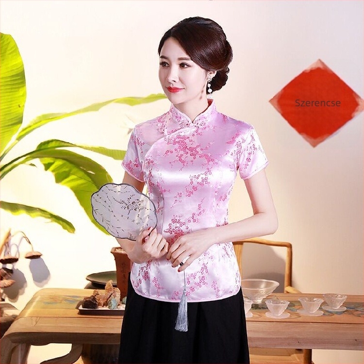 Jadeite Lady – Fejlesztett retro cheongsam felső kínai retro Tang-stílusú, hanfu, Zen tea munkaruházat